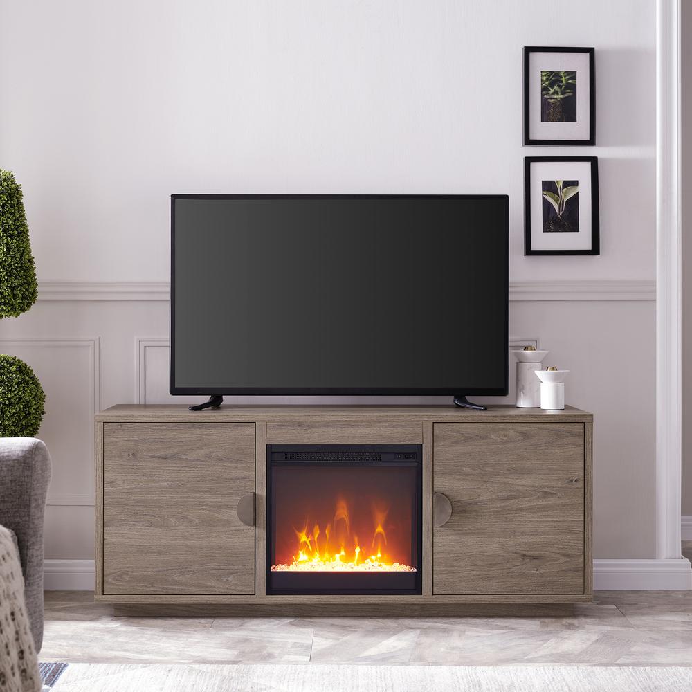 Dakota Rectangular TV Stand with Crystal Fireplace for TV's up to 65" in Antiqued Gray Oak. Picture 6