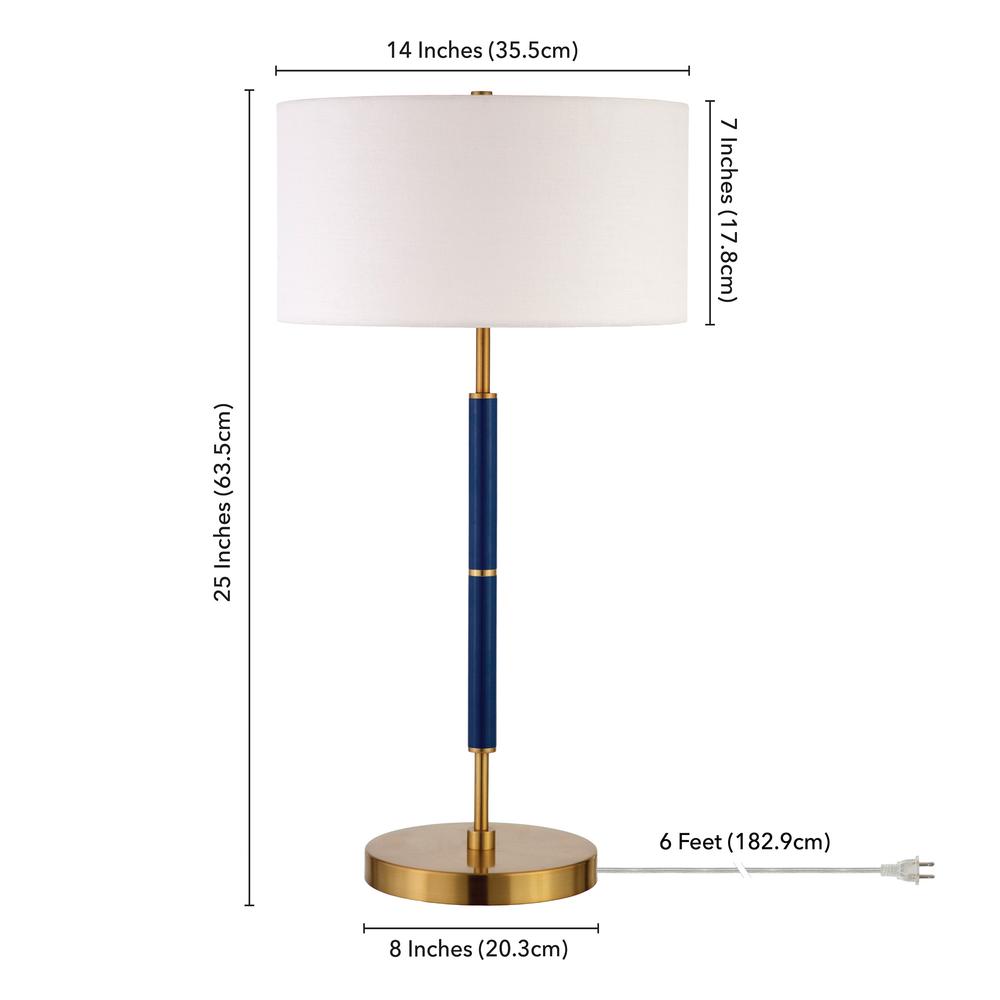 Simone 25" Tall 2-Light Table Lamp with Fabric Shade in Blue/Brass/White. Picture 4