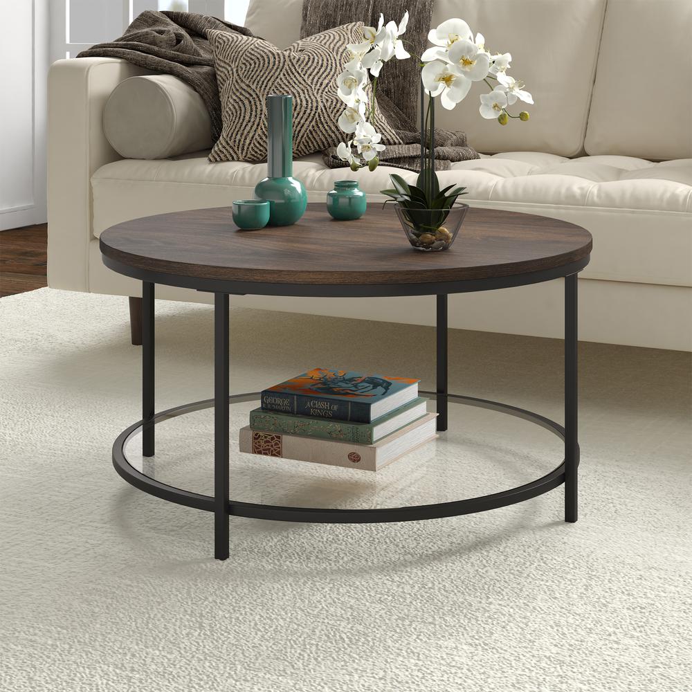 Sevilla 32'' Wide Round Coffee Table with MDF Top and Glass Shelf. Picture 2