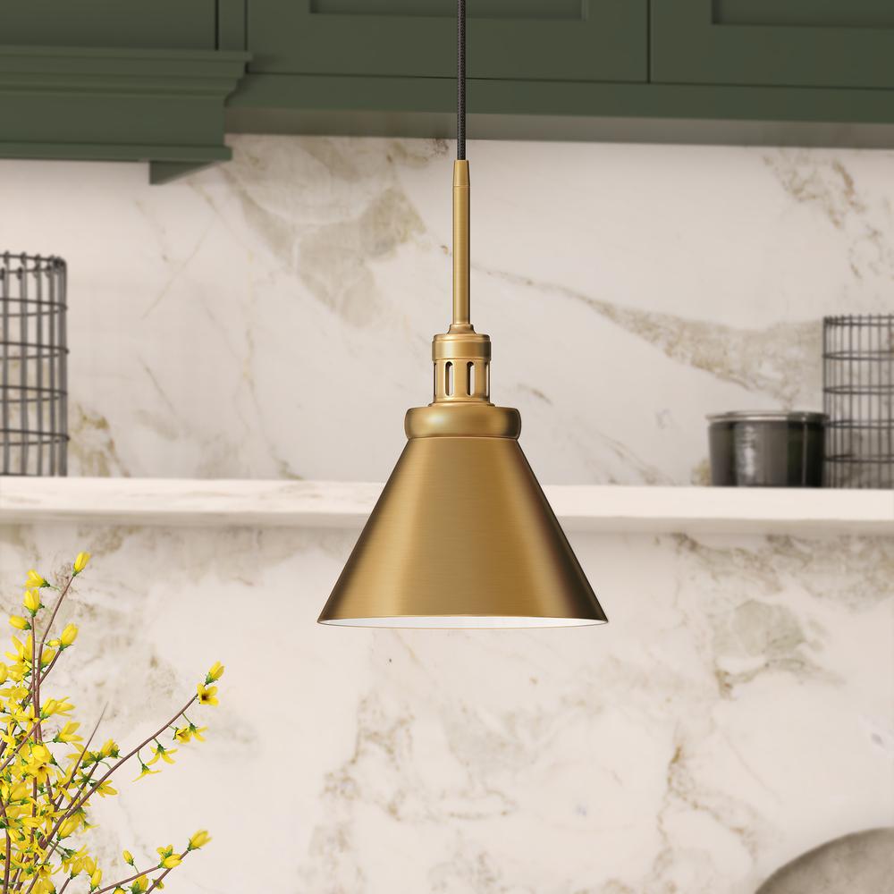 Zeno 8.5" Wide Pendant with Metal Shade in Brass/Brass. Picture 2