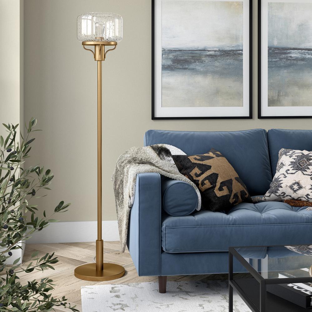 Tatum Globe & Stem Floor Lamp with Glass Shade in Brushed Brass/Seeded. Picture 2
