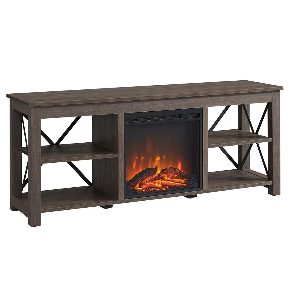 Sawyer Rectangular TV Stand with Log Fireplace for TV's up to 65" in Alder Brown. Picture 1