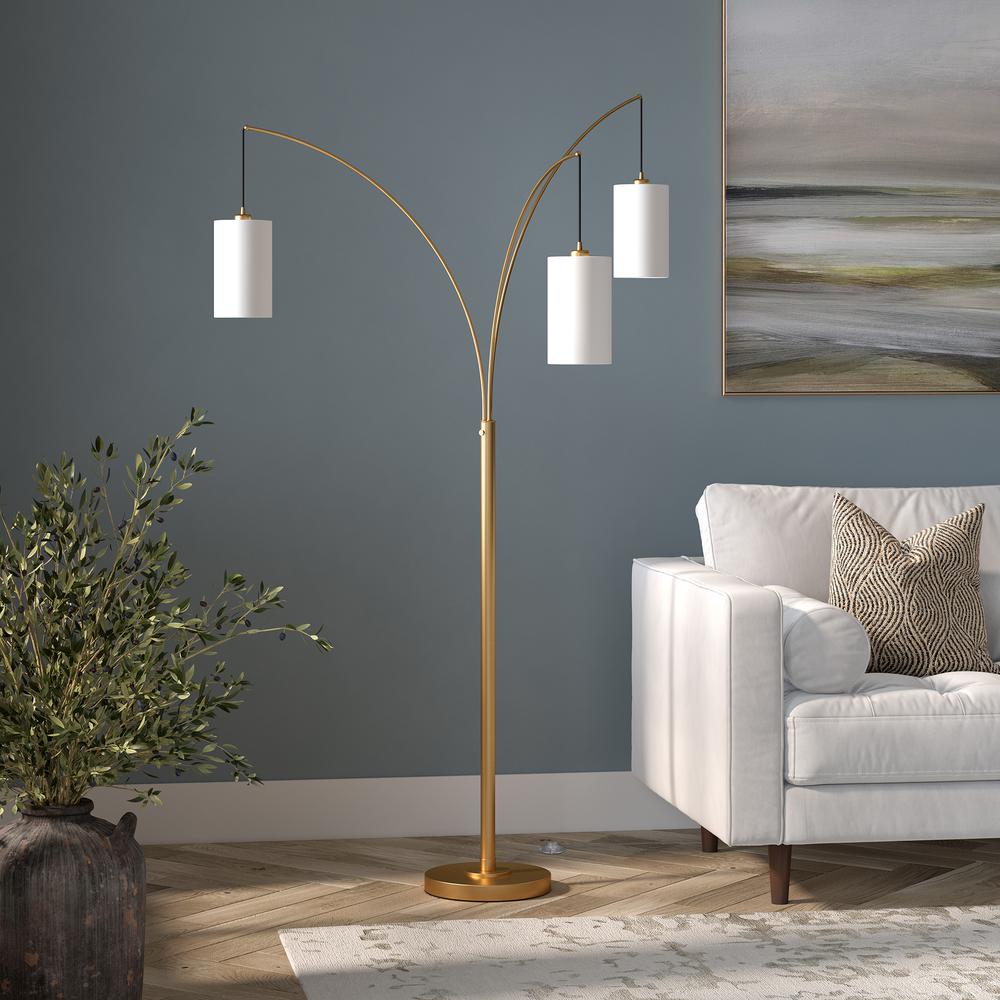 Aspen 3-Light Torchiere Floor Lamp with Fabric Shade in Brass/White. Picture 3