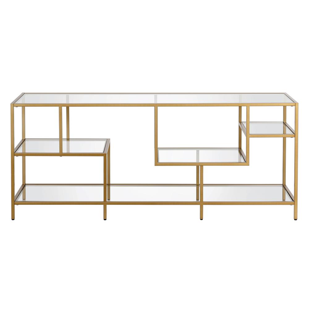Deveraux Rectangular TV Stand with Glass Shelves for TV's up to 65" in Brass. Picture 3