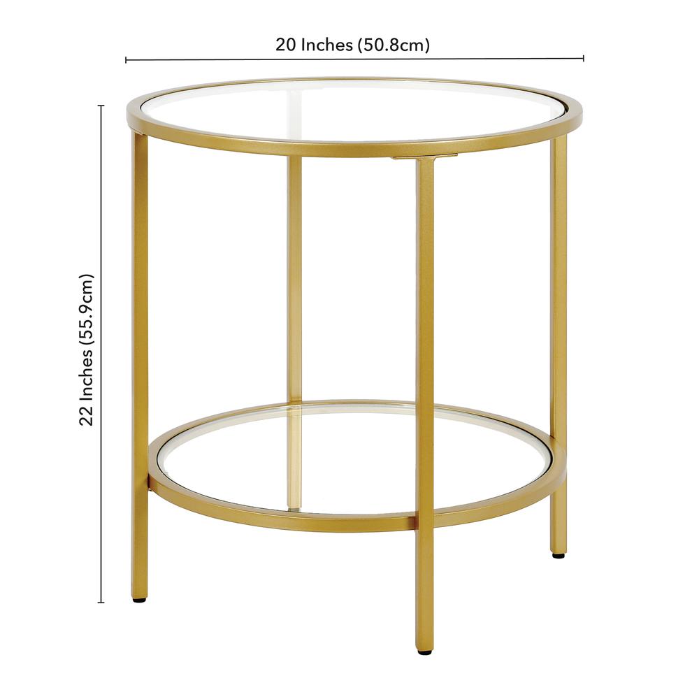 Sivil 20'' Wide Round Side Table with Glass Shelf in Brass. Picture 5
