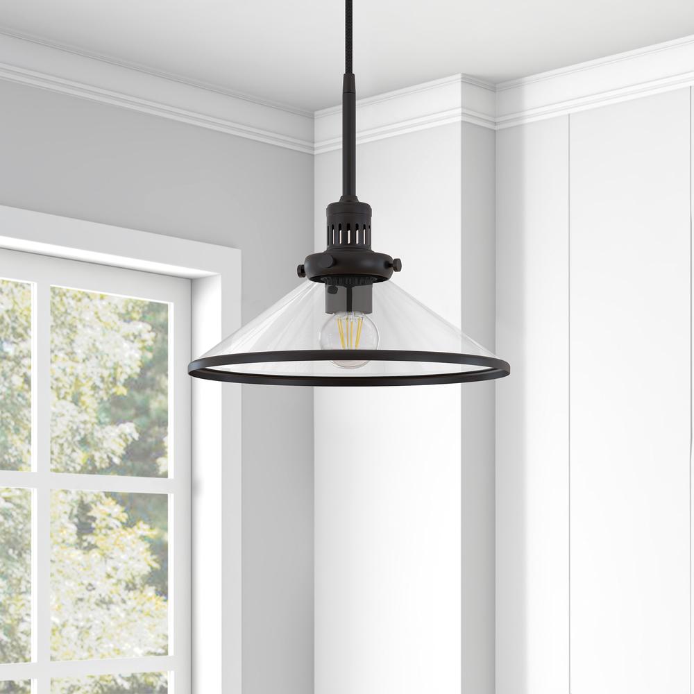 Milo 12.25" Wide Pendant with Glass Shade in Blackened Bronze/Clear. Picture 2