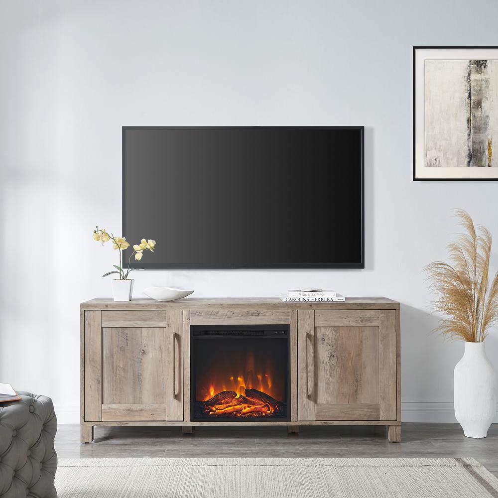 Chabot Rectangular TV Stand with Log Fireplace for TV's up to 65" in Gray Oak. Picture 4