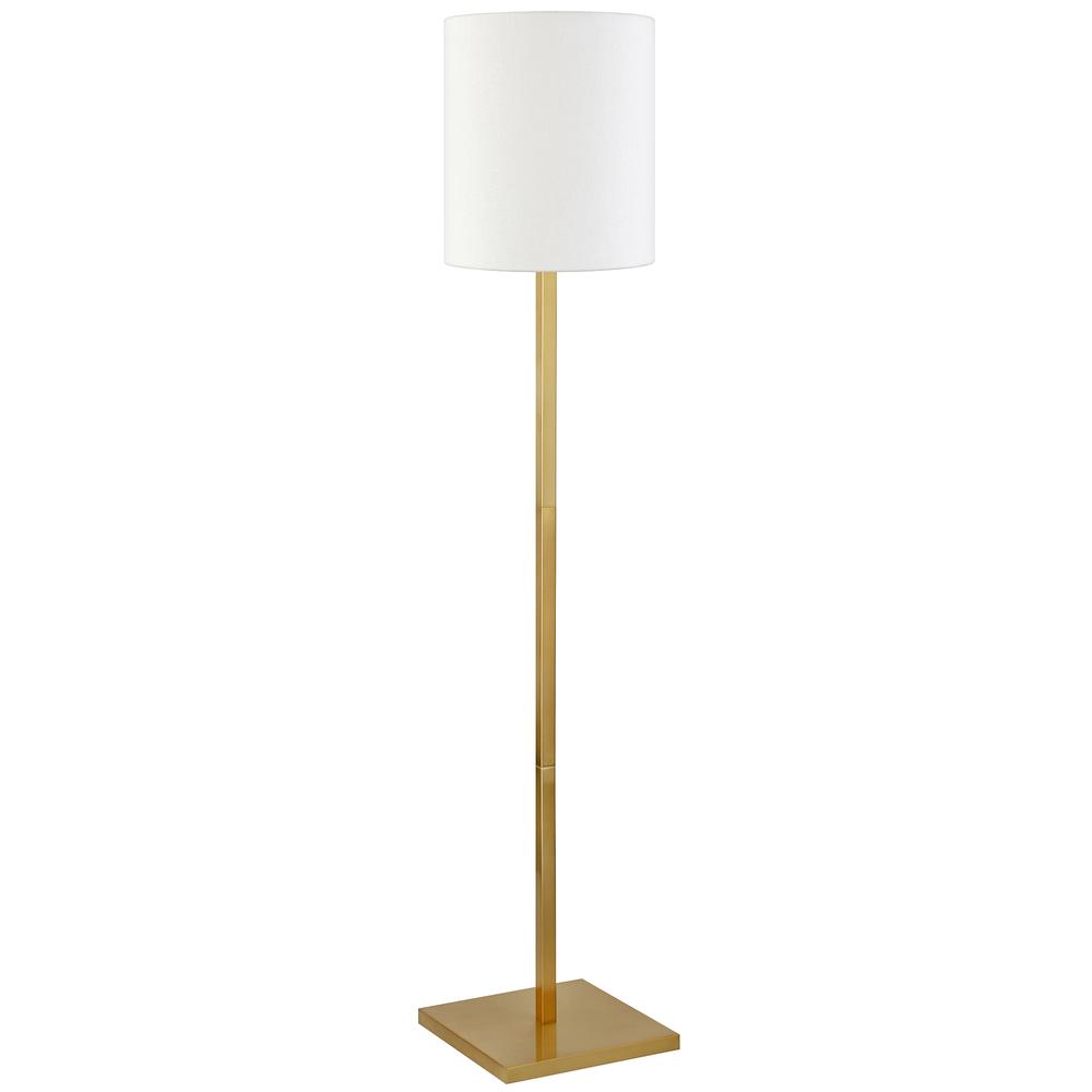 Braun Square Base Floor Lamp with Fabric Shade in Brass/White. Picture 1
