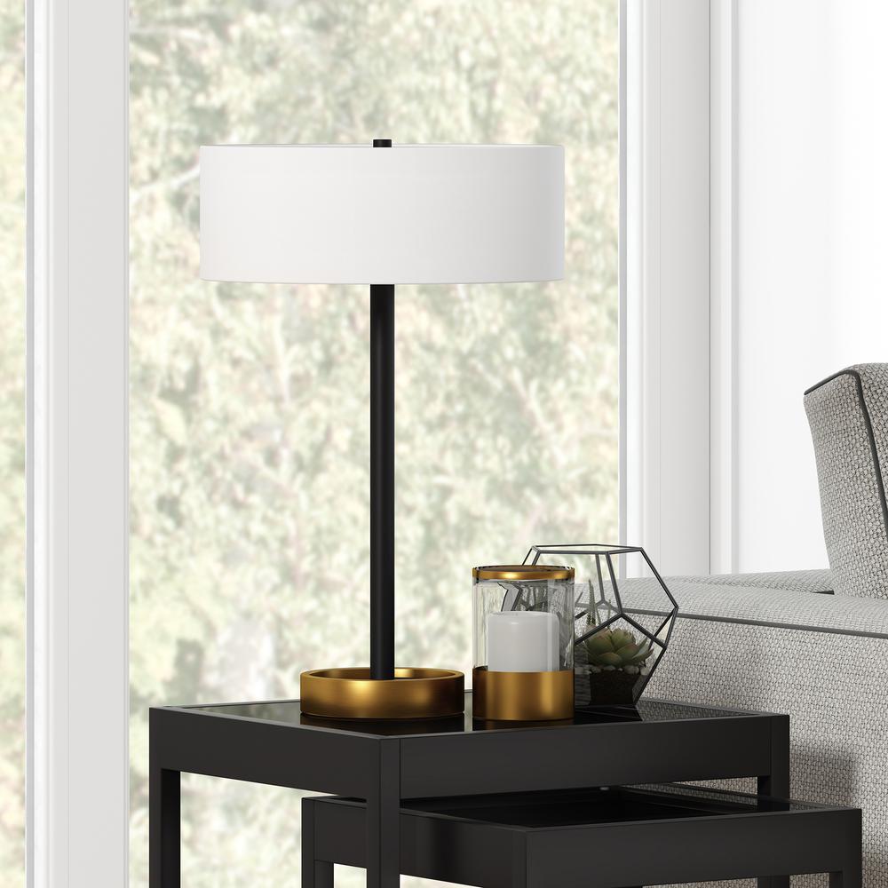 Estella 24" Tall Two-Tone Table Lamp with Fabric Shade in Matte Black/Brass/White. Picture 2