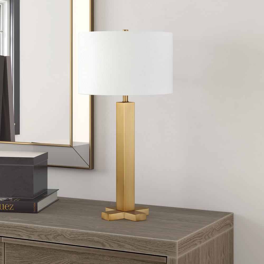 Dunand 27.25" Tall Table Lamp with Fabric Shade in Brass/White. Picture 2
