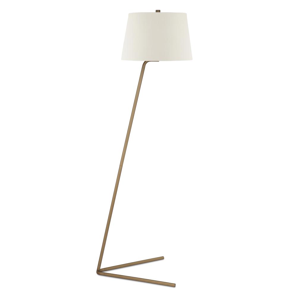 Markos Tilted Floor Lamp with Fabric Shade in Brass/White. Picture 1