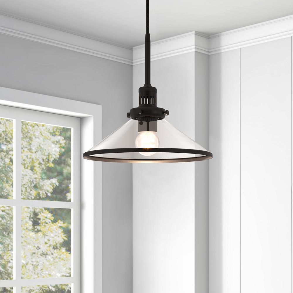Milo 12.25" Wide Pendant with Glass Shade in Blackened Bronze/Clear. Picture 4