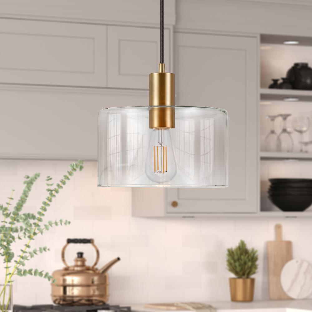 Henri 10" Wide Pendant with Glass Shade in Brass/Clear. Picture 2