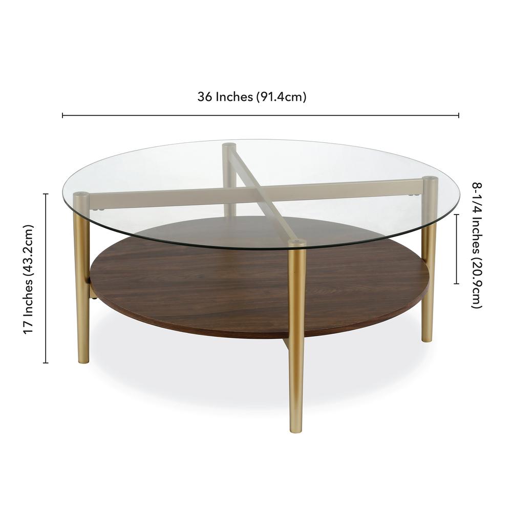 Otto 36'' Wide Round Coffee Table with MDF Shelf in Gold/Walnut. Picture 5