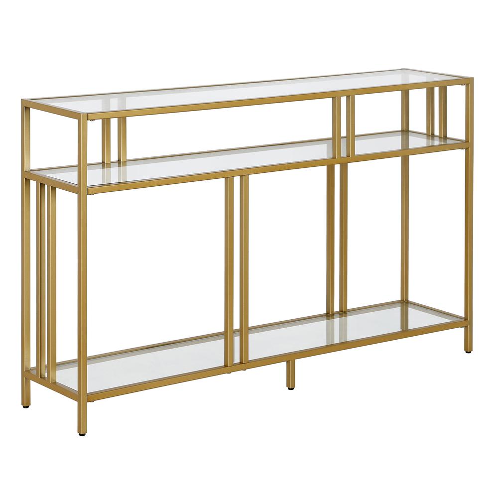 Cortland 48'' Wide Rectangular Console Table with Glass Shelves in Brass. Picture 1