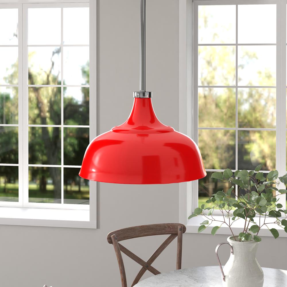 Mackenzie  10.75" Wide Pendant with Metal Shade in Poppy Red/Polished Nickel/Poppy Red. Picture 2