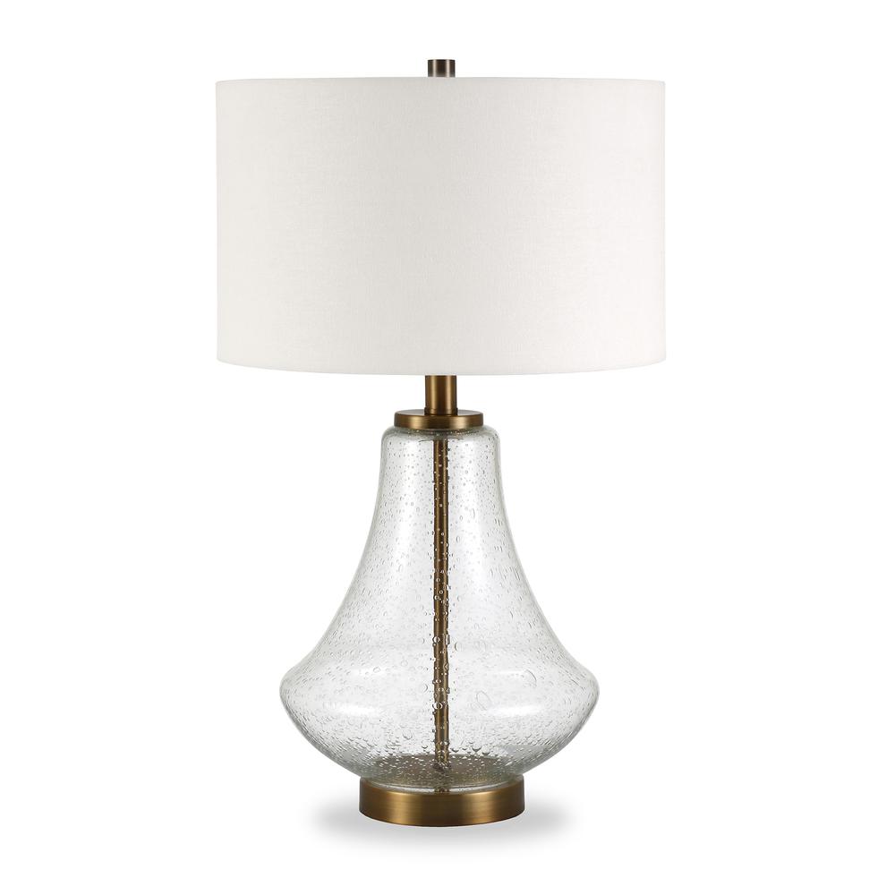 Lagos 23" Tall Table Lamp with Fabric Shade in Seeded Glass/Brushed Brass/White. Picture 1