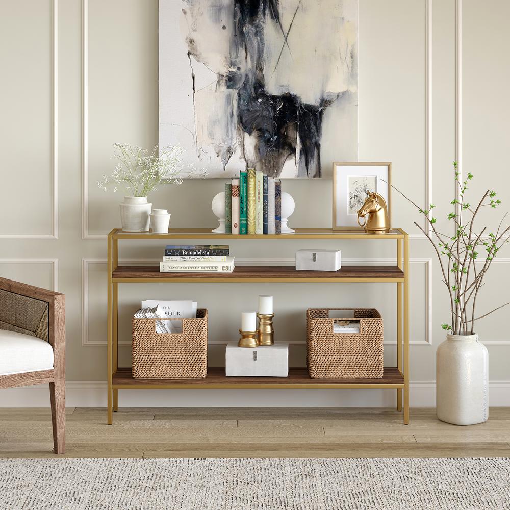 Felicia 47.6'' Wide Rectangular Console Table in Gold/Walnut. Picture 4
