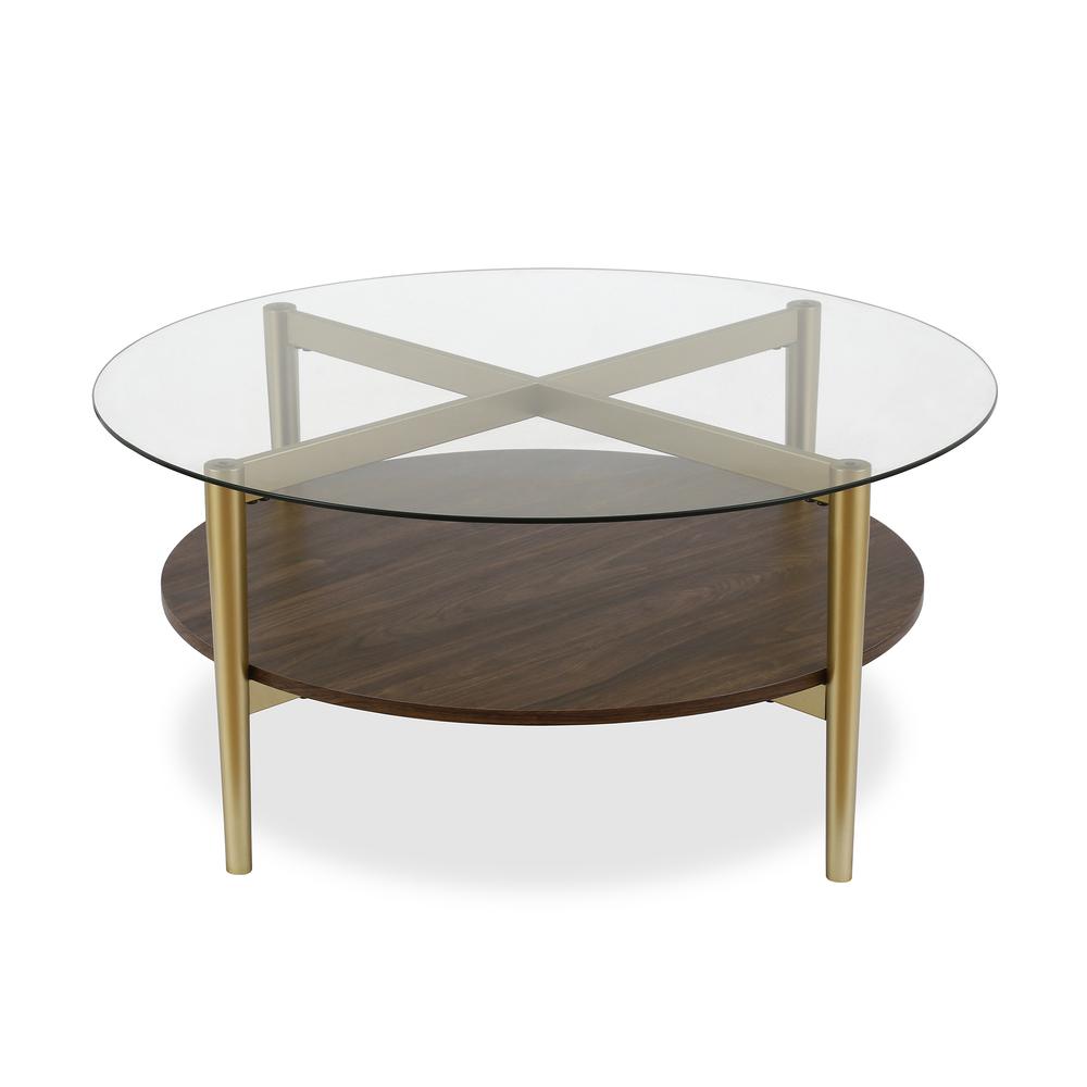 Otto 36'' Wide Round Coffee Table with MDF Shelf in Gold/Walnut. Picture 1