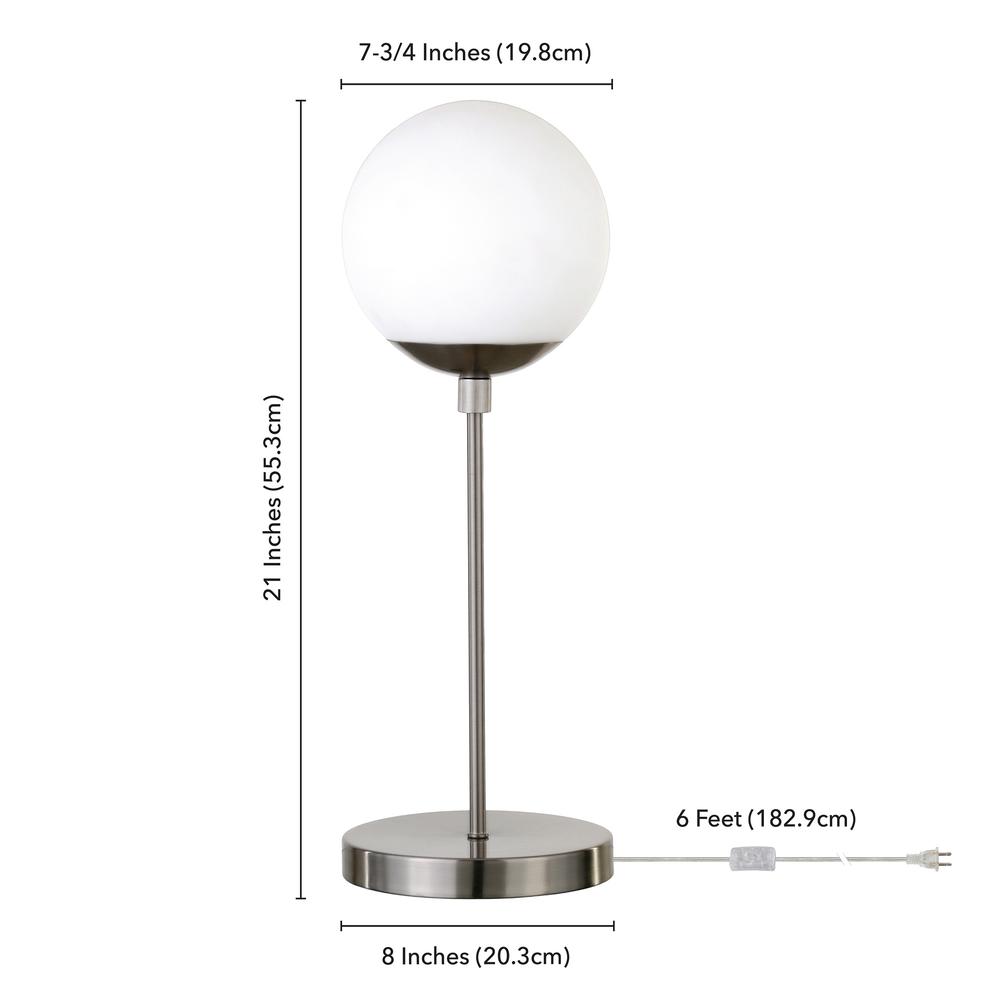 Theia 21" Tall Globe & Stem Table Lamp with Glass Shade in Brushed Nickel/White Milk. Picture 4