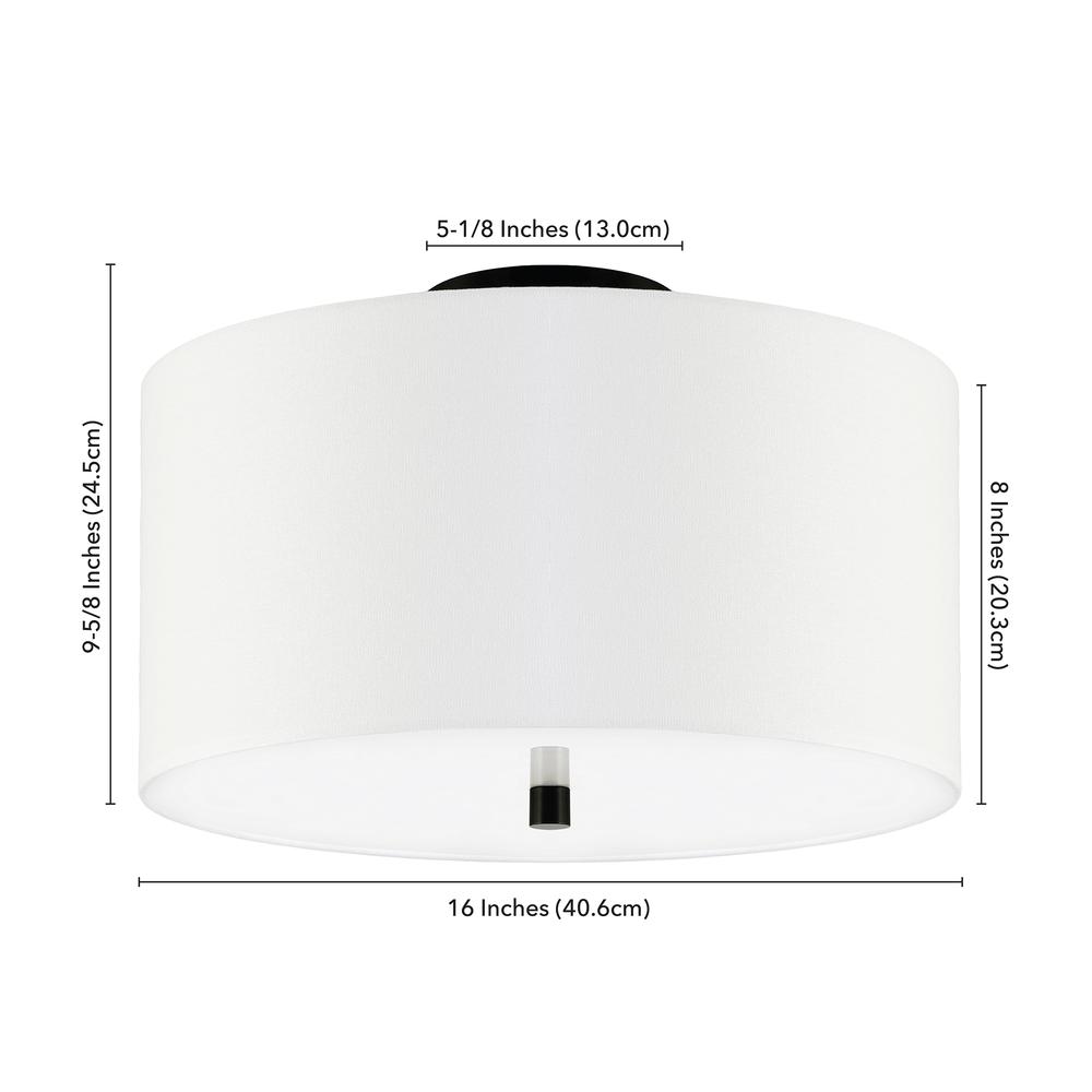 Ellis 16" Flush Mount with Fabric Shade in Matte Black/White. Picture 5