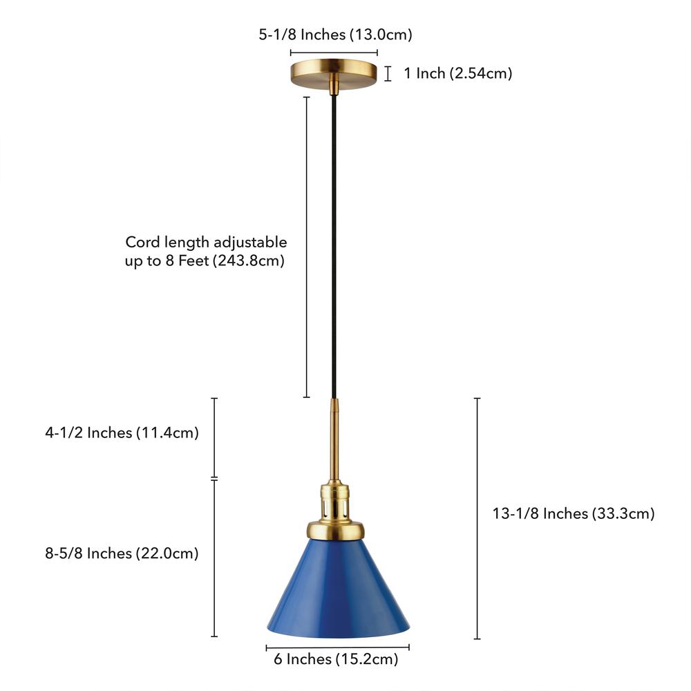 Zeno 8.5" Wide Pendant with Metal Shade in Blue/Brass/Blue. Picture 5