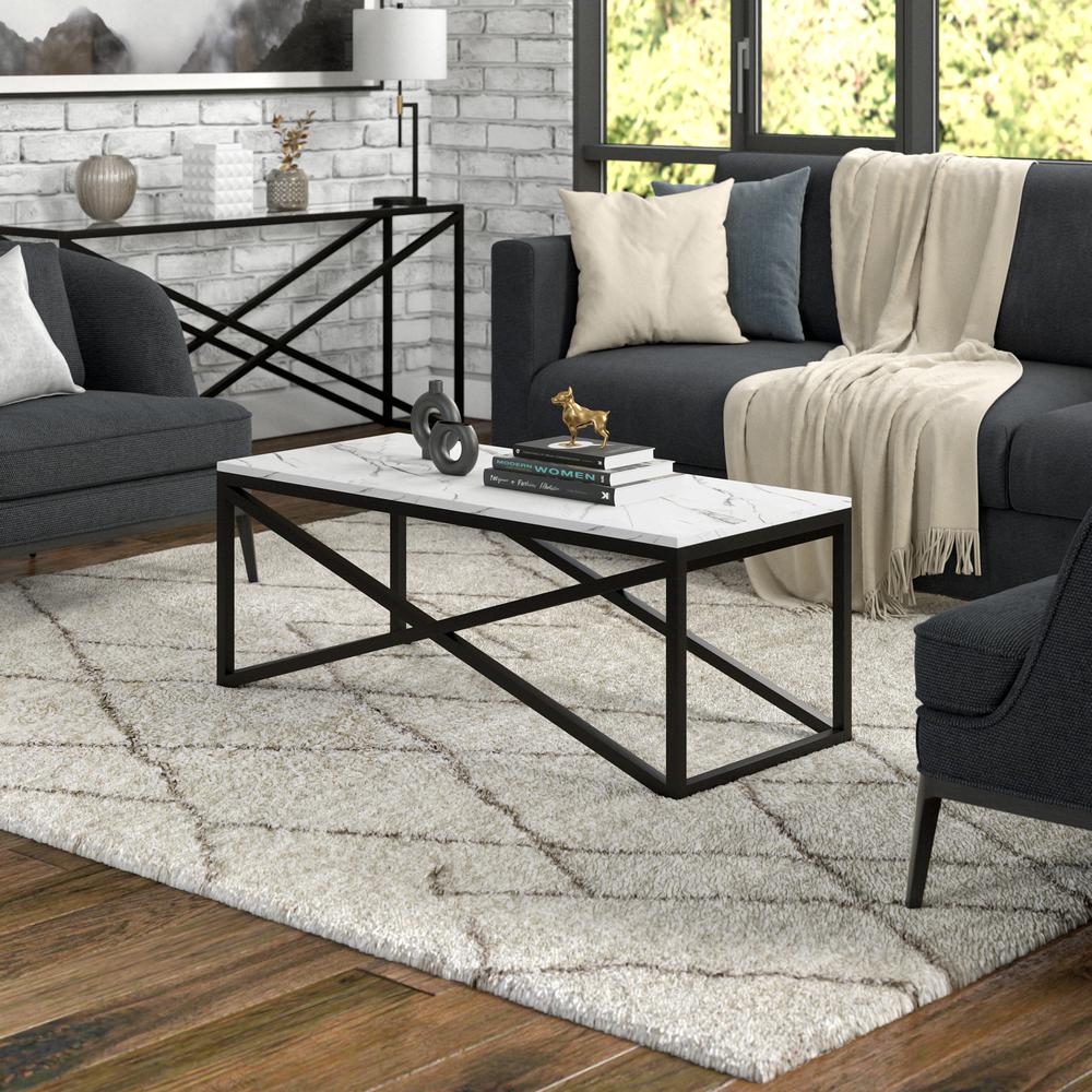 Calix 46'' Wide Rectangular Coffee Table with Faux Marble Top in Blackened Bronze. Picture 2