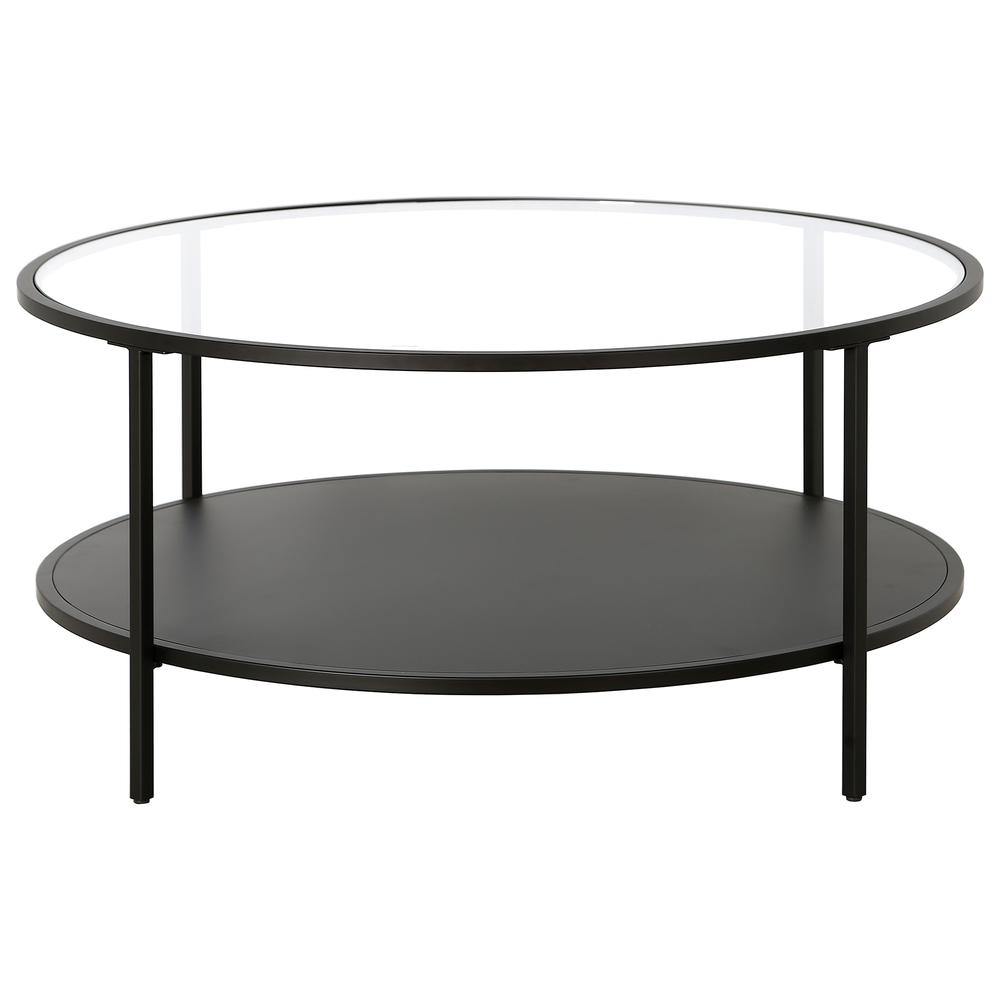Sivil 36'' Wide Round Coffee Table with Glass Top and Metal Shelf in Blackened Bronze. Picture 3