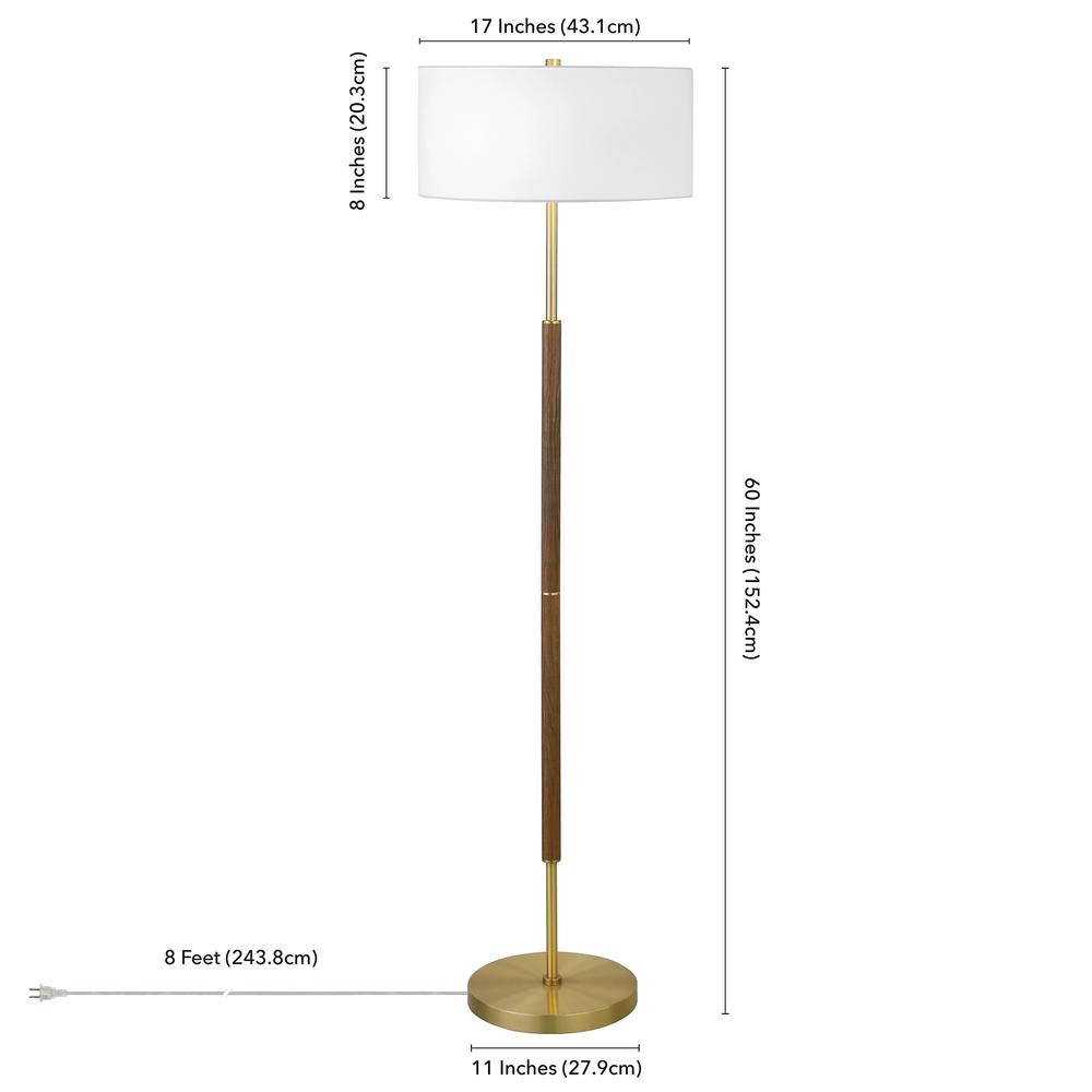 Simone 2-Light Floor Lamp with Fabric Shade in Rustic Oak/Brass/White. Picture 5