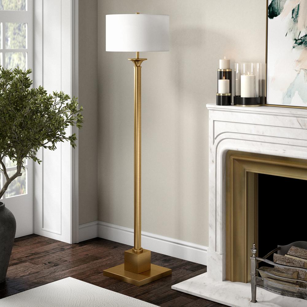 Hadley 65" Tall Floor Lamp with Fabric Shade in Brass/White. Picture 3