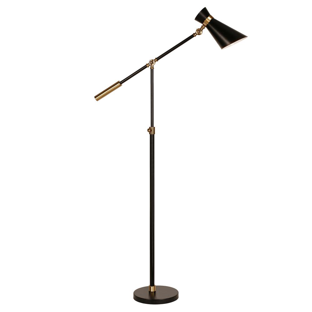 Rex Two-Tone/Height-Adjustable Floor Lamp with Metal Shade in Black/Brass/Black. Picture 1