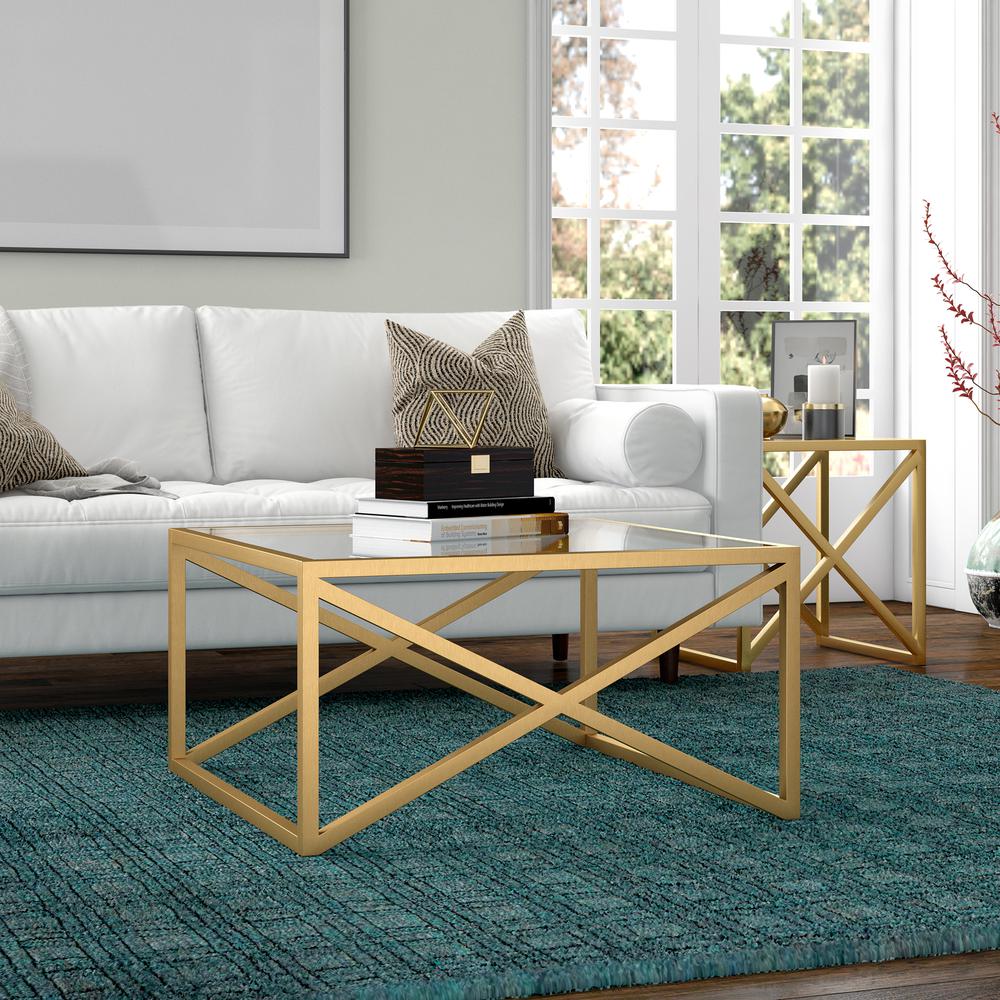 Calix 32'' Wide Square Coffee Table in Brass. Picture 4