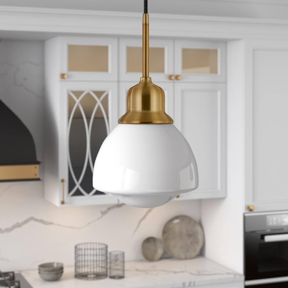 Brooks 8.12" Wide Pendant with Glass Shade in Brass/White Milk. Picture 2