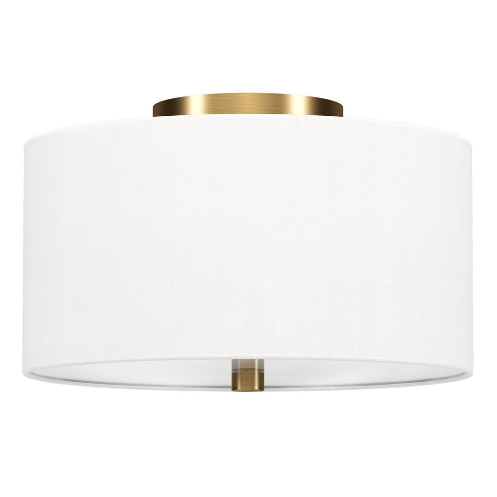 Ellis 12" Flush Mount with Fabric Shade in Brass/White. Picture 1