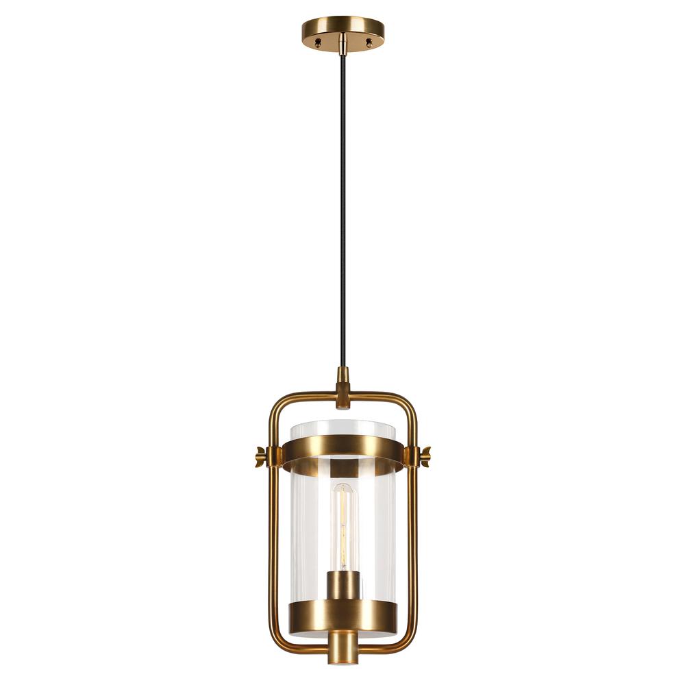 Orion 11" Wide Industrial Pendant with Glass Shade in Brass/Clear. Picture 1