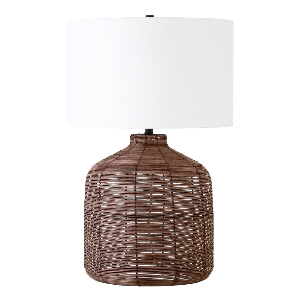 Jolina 26.5" Tall Oversized/Rattan Table Lamp with Fabric Shade in Umber Rattan/White. Picture 1