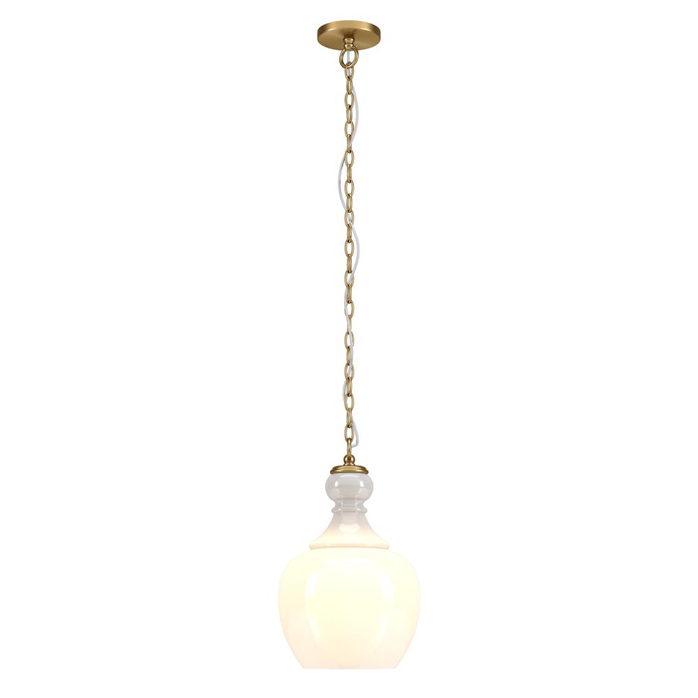 Verona 11" Wide Pendant with Glass Shade in Brushed Brass/White Milk. Picture 3