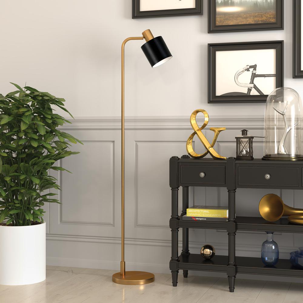 Thew 65" Tall Floor Lamp with Metal Shade in Brass/Black. Picture 2