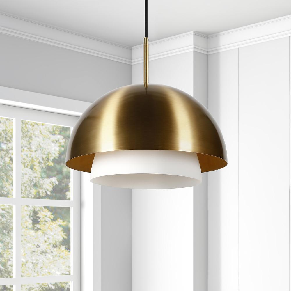Octavia 15.75" Wide Pendant with Metal/Glass Shade in Brass/Brass and White. Picture 2