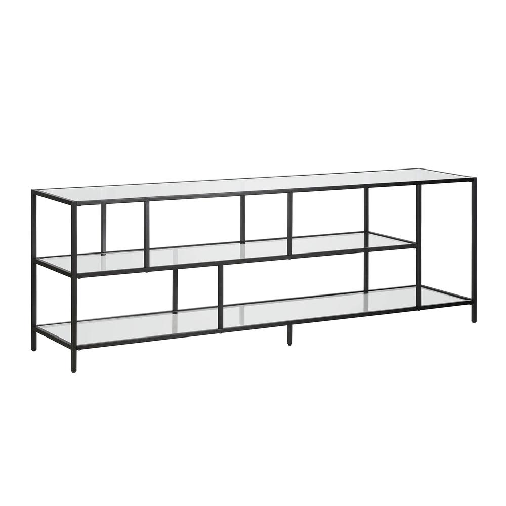 Winthrop Rectangular TV Stand with Glass Shelves for TV's up to 80" in Blackened Bronze. Picture 1