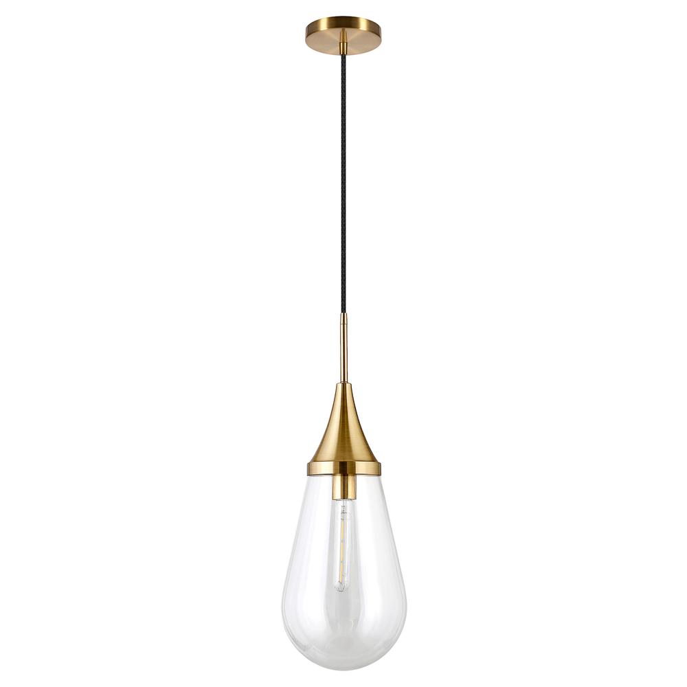 Ambrose 8.63" Wide Pendant with Glass Shade in Brass/Clear. Picture 1