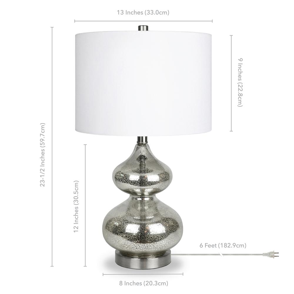 Katrin 23.5" Tall Table Lamp with Fabric Shade in Mercury Glass/Satin Nickel/White. Picture 4