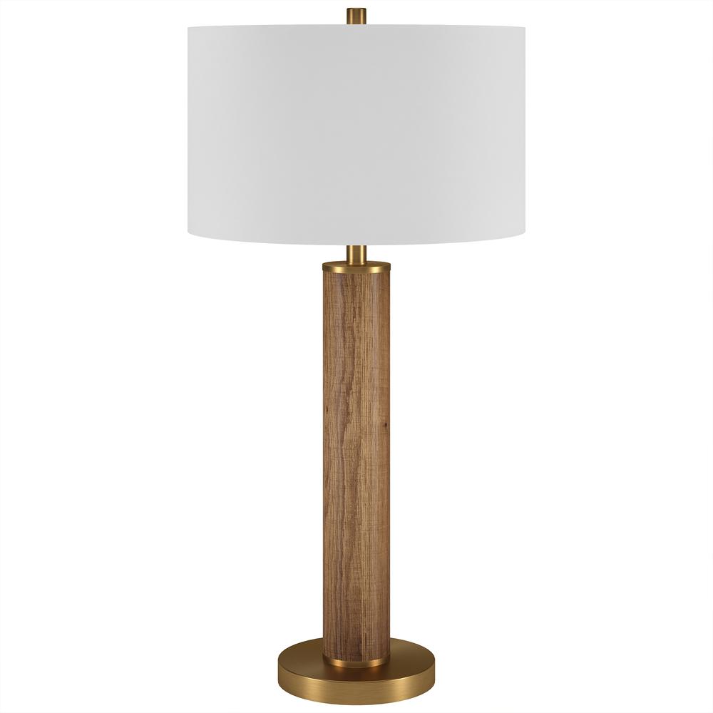 Harlow 29" Tall Table Lamp with Fabric Shade in Rustic Oak/Brass/White. Picture 1