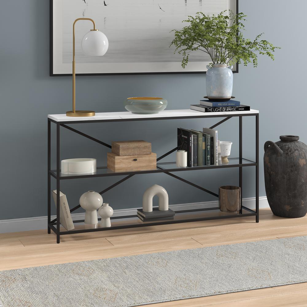 Fionn 55" Wide Rectangular Console Table with Faux Marble Top in Blackened Bronze. Picture 2