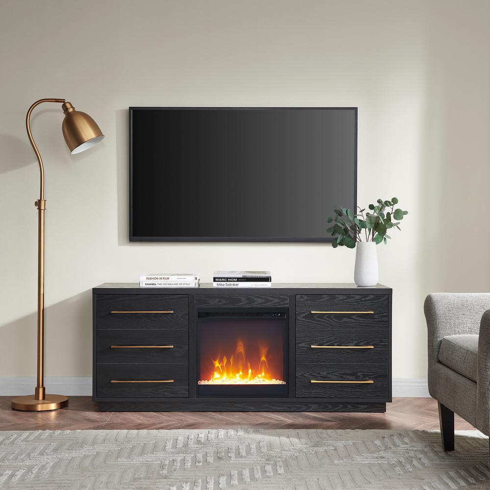 Greer Rectangular TV Stand with Crystal Fireplace for TV's up to 65" in Black Grain. Picture 4