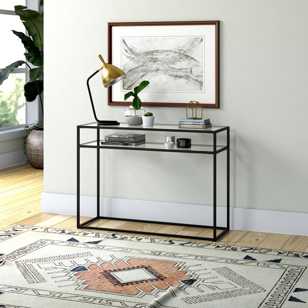 Addison 42'' Wide Rectangular Console Table with Glass Shelf in Blackened Bronze. Picture 4
