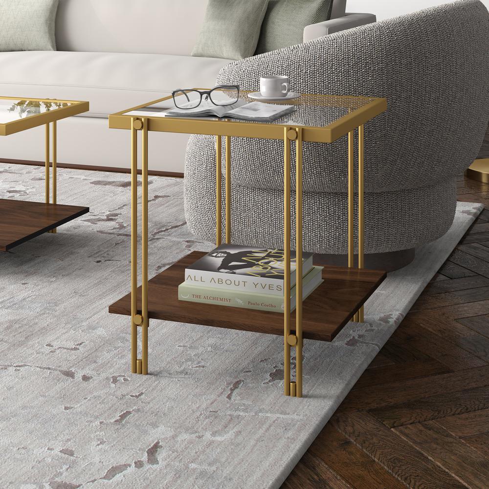 Inez 20'' Wide Square Side Table with MDF Shelf in Brass/Walnut. Picture 2