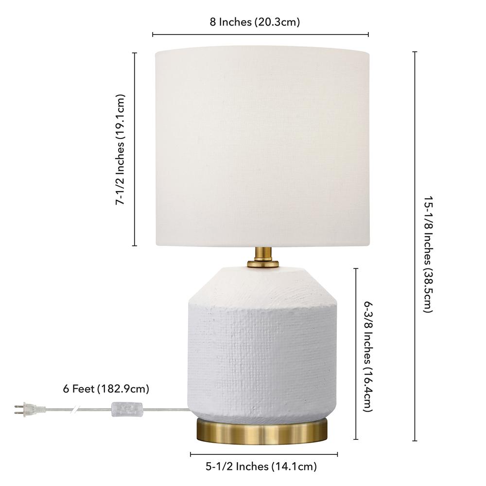 15" Tall Textured Ceramic Mini Lamp with Fabric Shade, Matte White/Antique Brass. Picture 5