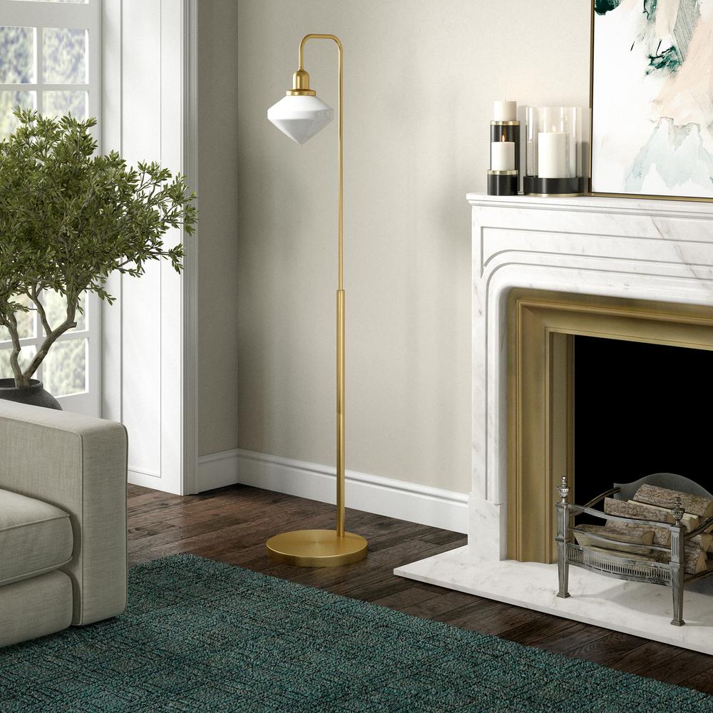 Zariza Arc Floor Lamp with Glass Shade in Brass/White Milk. Picture 3