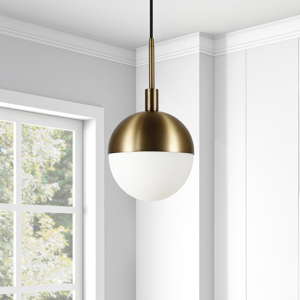 Orb 8" Wide Small Pendant with Glass Shade in Brass/White Milk. Picture 2